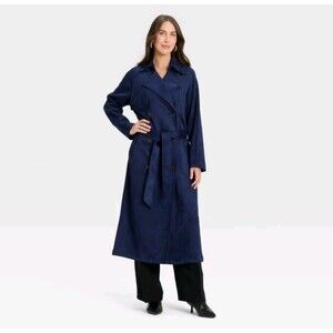 Women's A New Day Faux Suede Trench Coat Navy Blue Medium